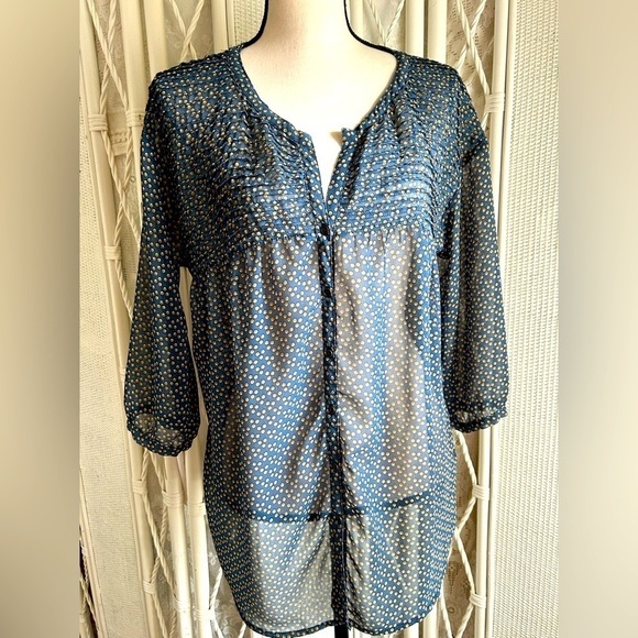 Zara TRF Blouse Pleat Front Dark Blue Yellow Polka Dot Sheer Airy size Large - Picture 2 of 16
